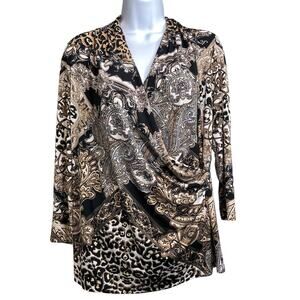 Chico's Brown Statement Print Faux‎ Wrap Top Size 2 Large Mob Wife Cheetah Glam